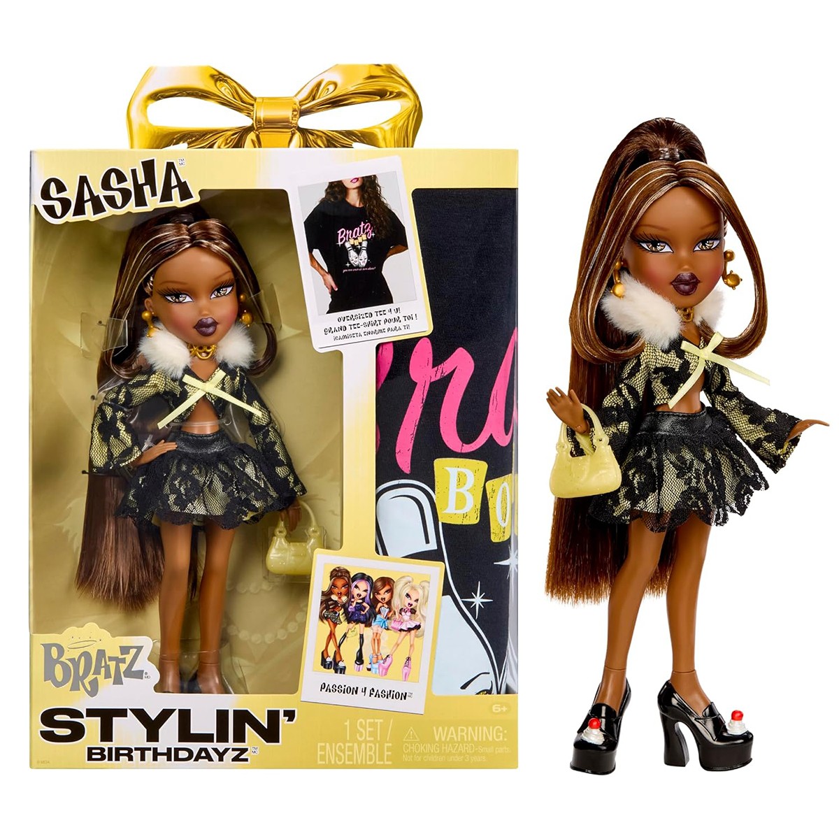 Лялька Bratz у святковому вбранні з коробкою, золотим бантом і аксесуарами на білому фоні.
